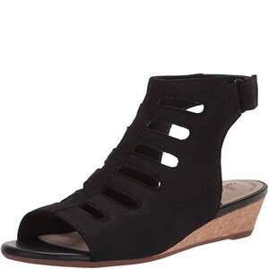 NEW CLARKS women's abigail sling wedge sandal in black nubuck